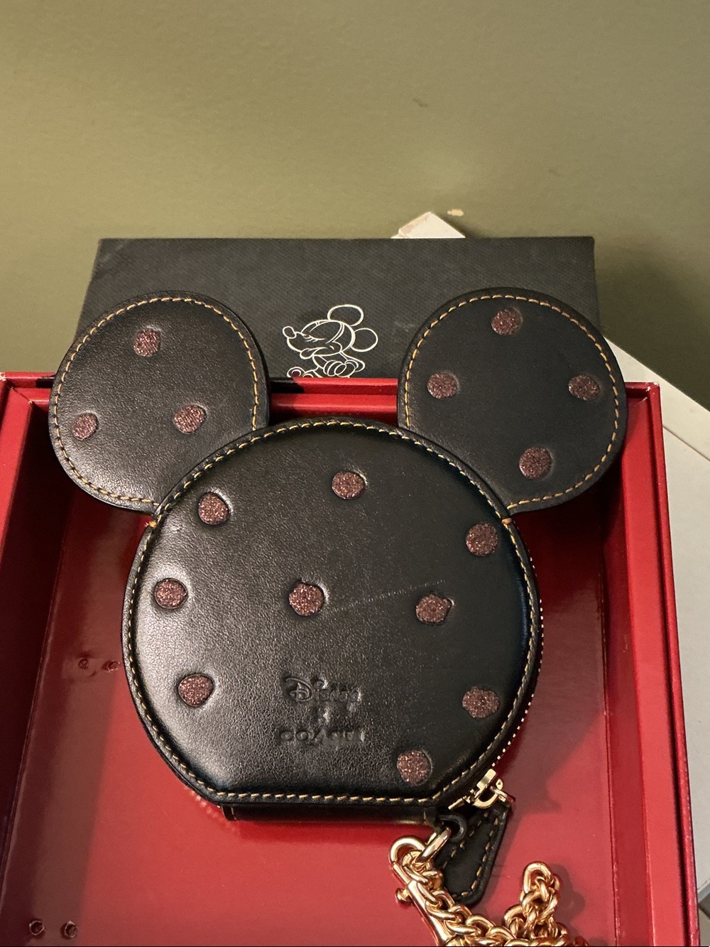 Coach X Disney Black Leather Glitter Dot Minnie Mouse Wristlet with Box